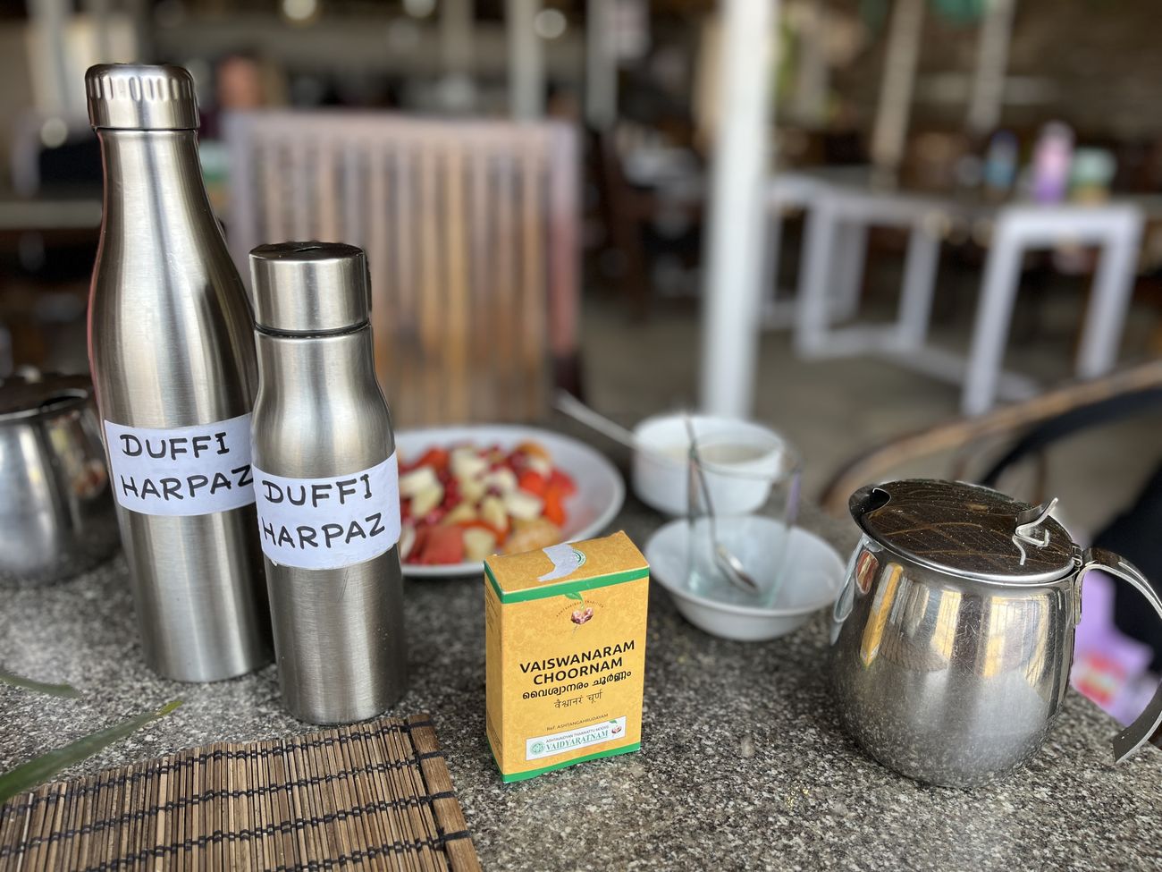 Breakfast table with water bottles